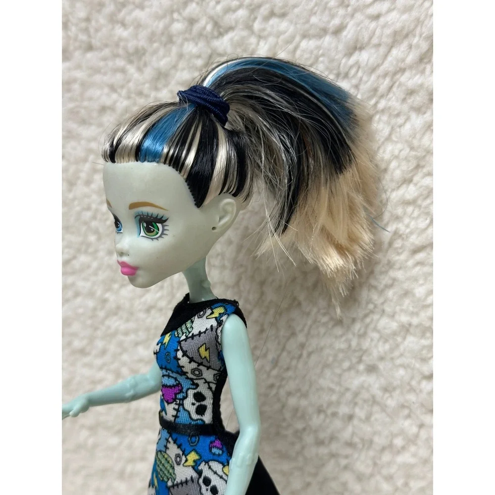 Monster High Frankie Stein Doll Blue Patchwork Dress Yellow Wedge Boots